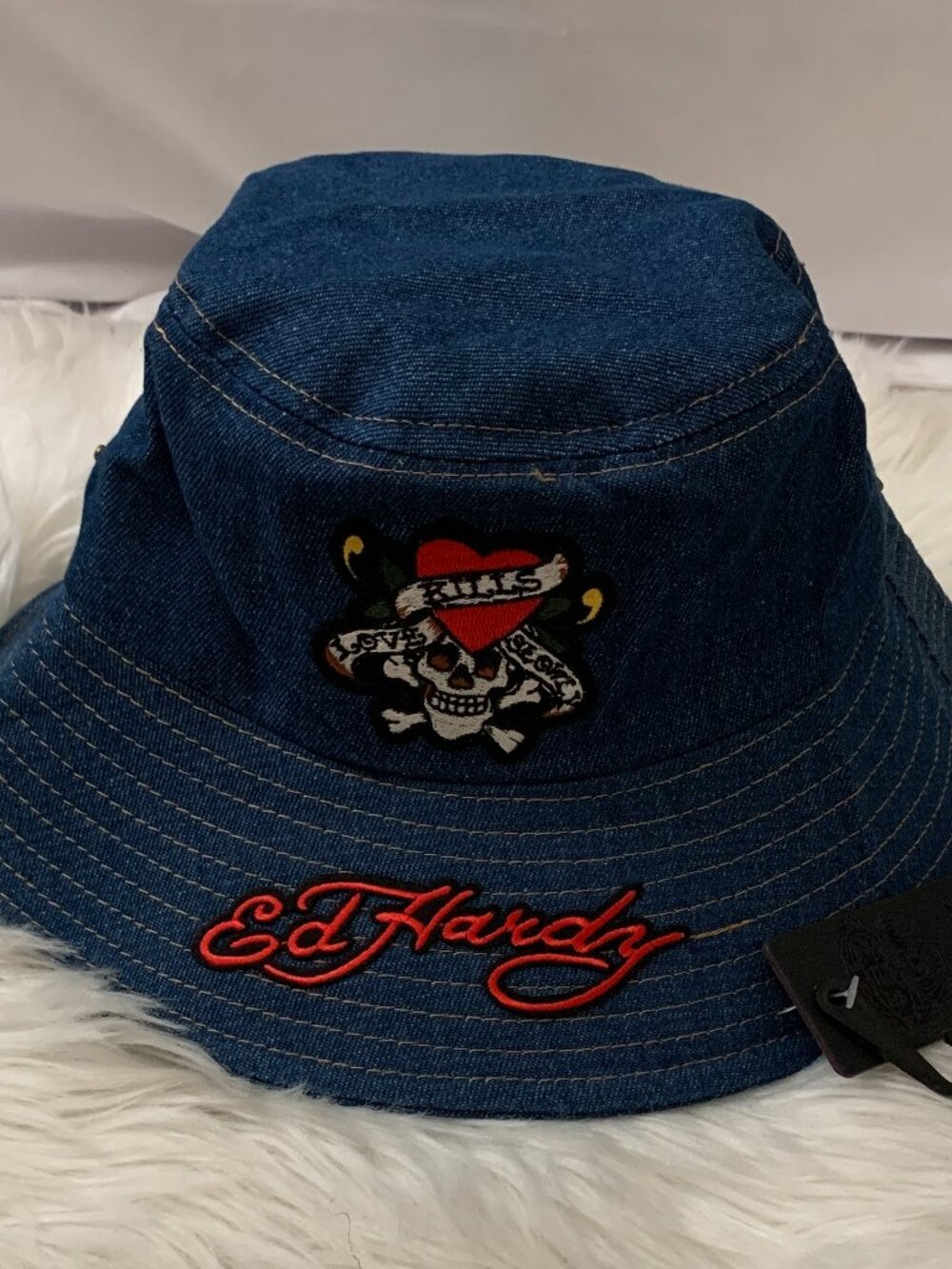 ED HARDY Love Kills Slowly Denim Bucket Hat in Dark Wash